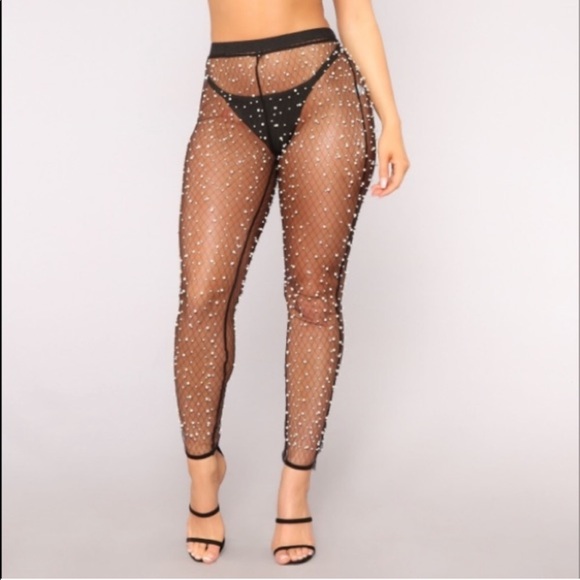 Pants - Women’s mesh cover up pants with pearl detail